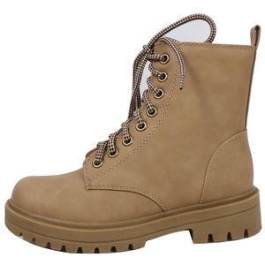 Camel Faux Leather Combat Lace Up Ankle Boot
